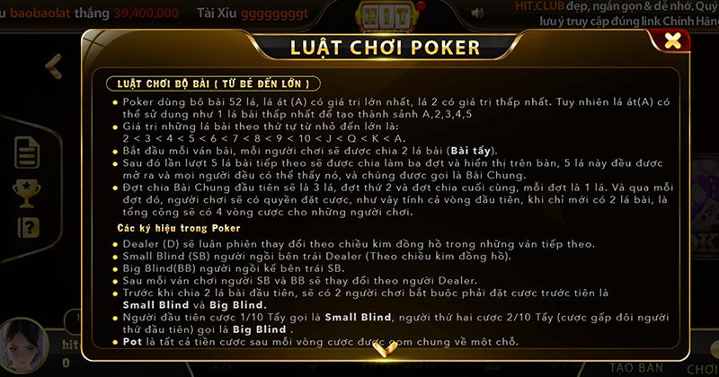 Luật chơi poker đơn giản dễ hiểu trên cổng hitclub