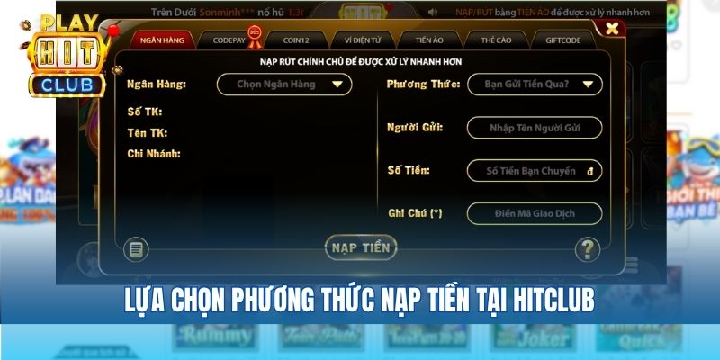 Lựa chọn phương thức nạp tiền tại hitclub